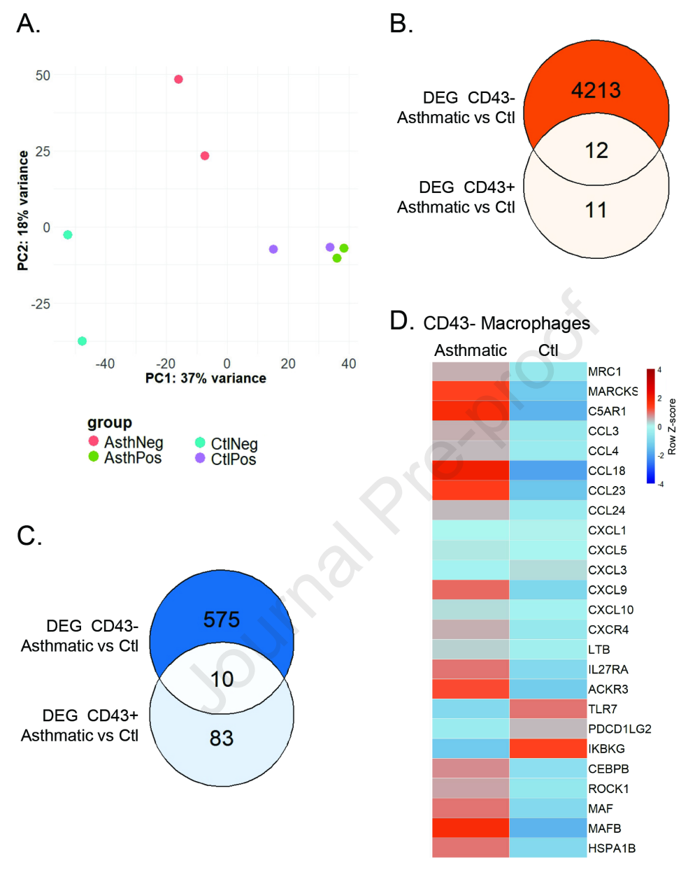 Figure 7 천식과 대조군 CD43⁻/CD43⁺ 대식세포 전사체 차이